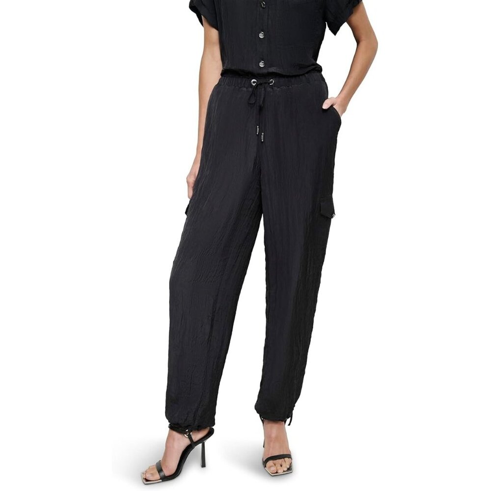 DKNY Black Tie-Waist High-Rise Tech Crinkled Jogger Cargo Pants NWOT Sz M